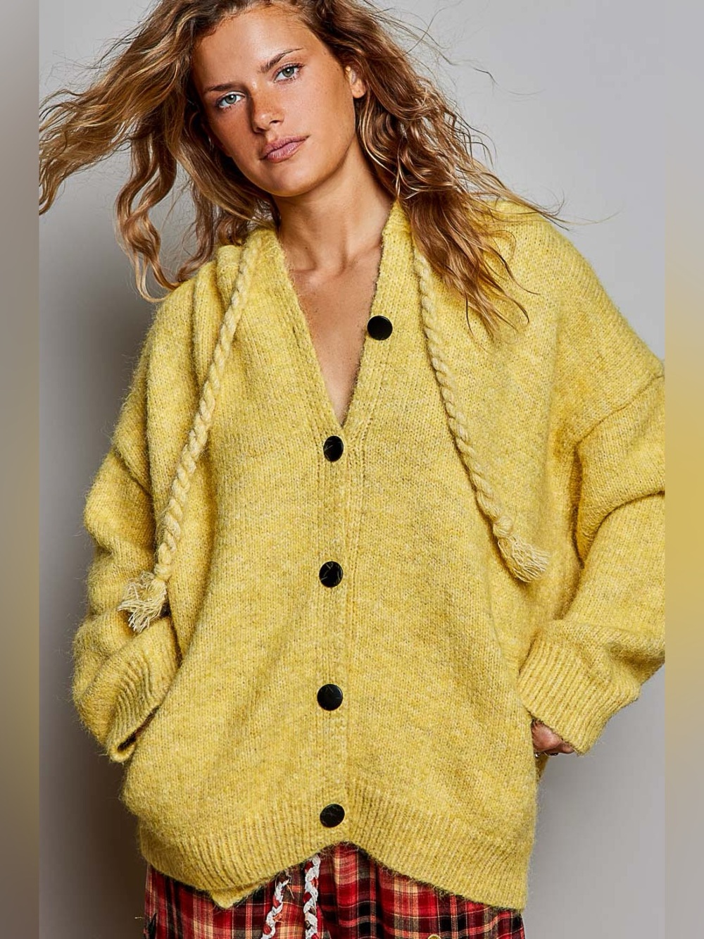 POL Oversized Yellow V-Neck Button Sweater
